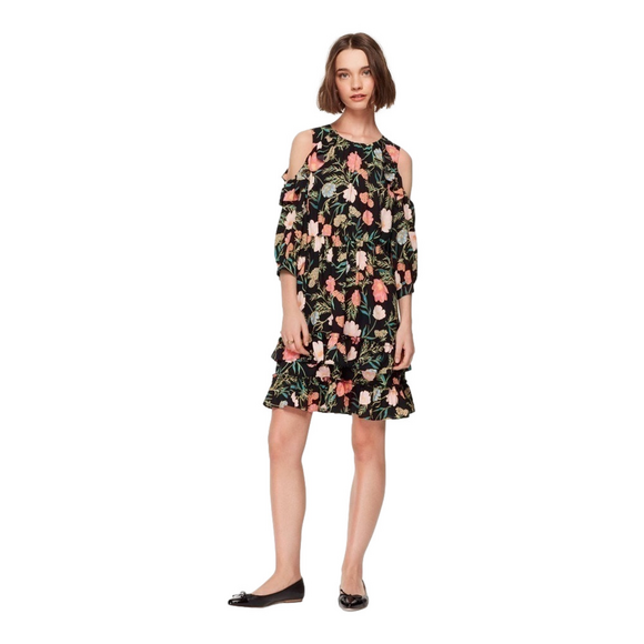 kate spade Dresses & Skirts - Kate Spade Blossom Floral Ruffled Black cold shoulder dress